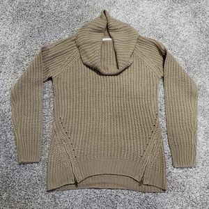 Pink Rose Cowl Neck Tan Knit Women's Sweater